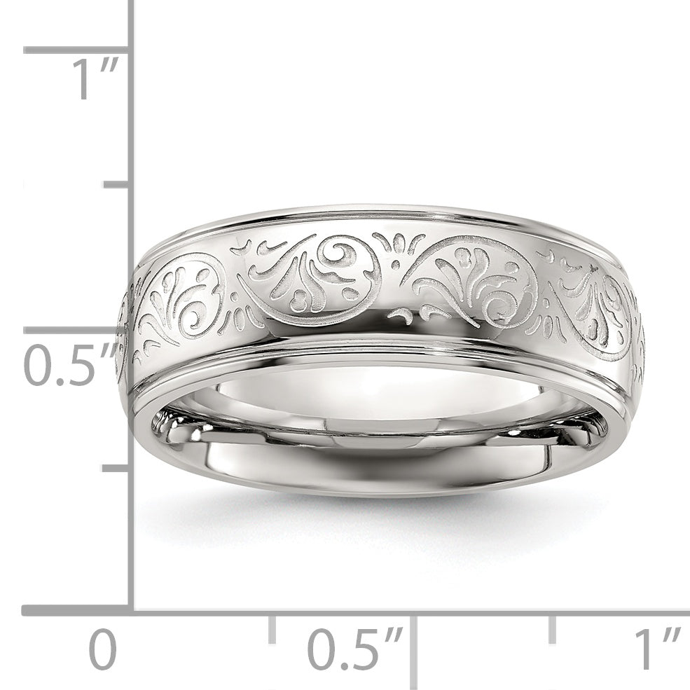 Stainless Steel Polished Etched Design Ridged Edge 7.5mm Band