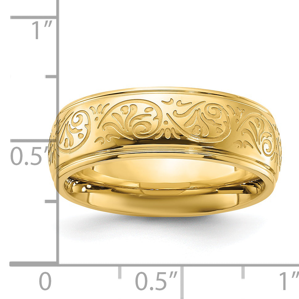 Stainless Steel Polished Yellow IP-plated Etched Design Ridged Edge 7.5mm Band