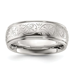 Stainless Steel Polished Etched Design Ridged Edge 7.5mm Band