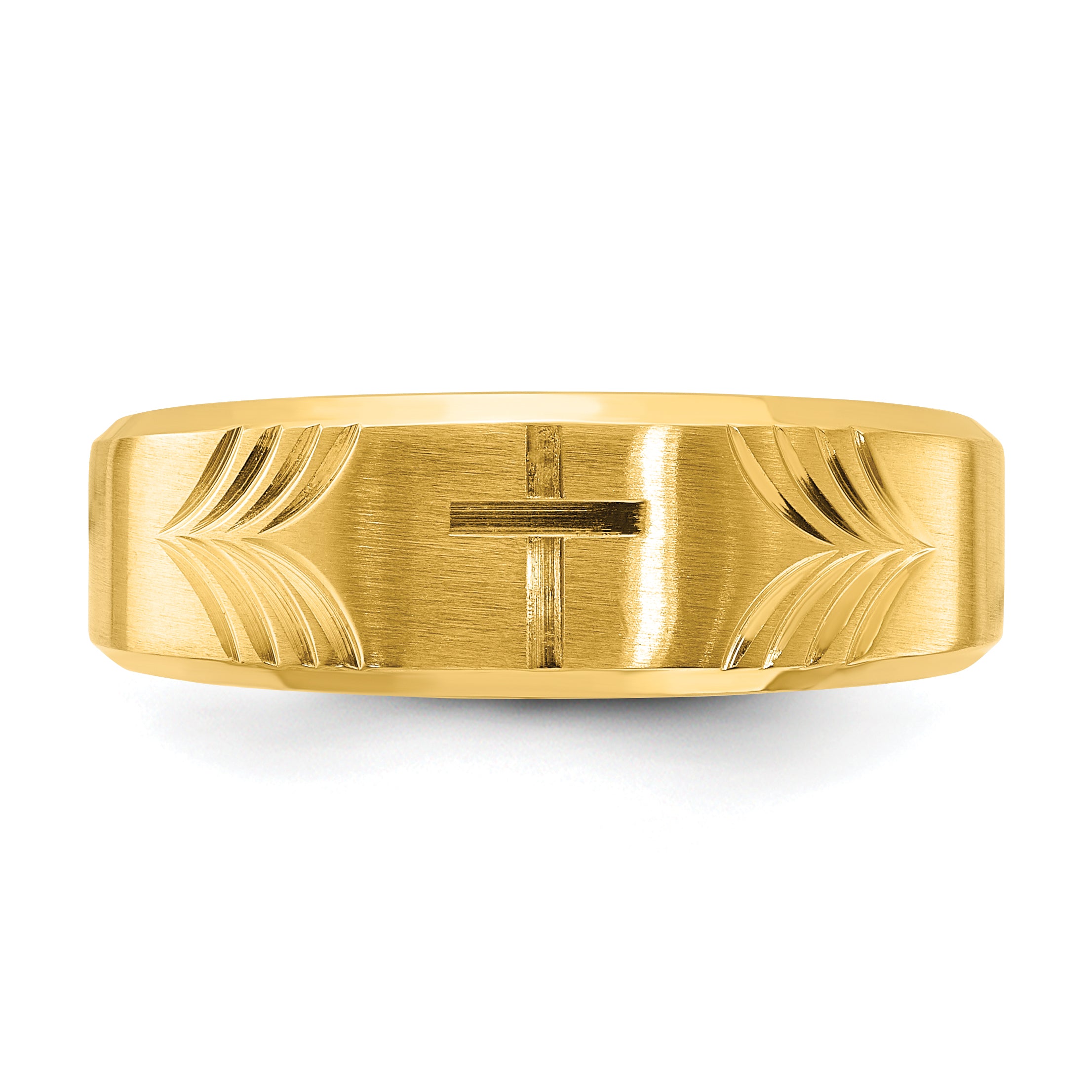 Stainless Steel Brushed and Polished Yellow IP-plated Diamond-cut Cross 8mm Tapered Band