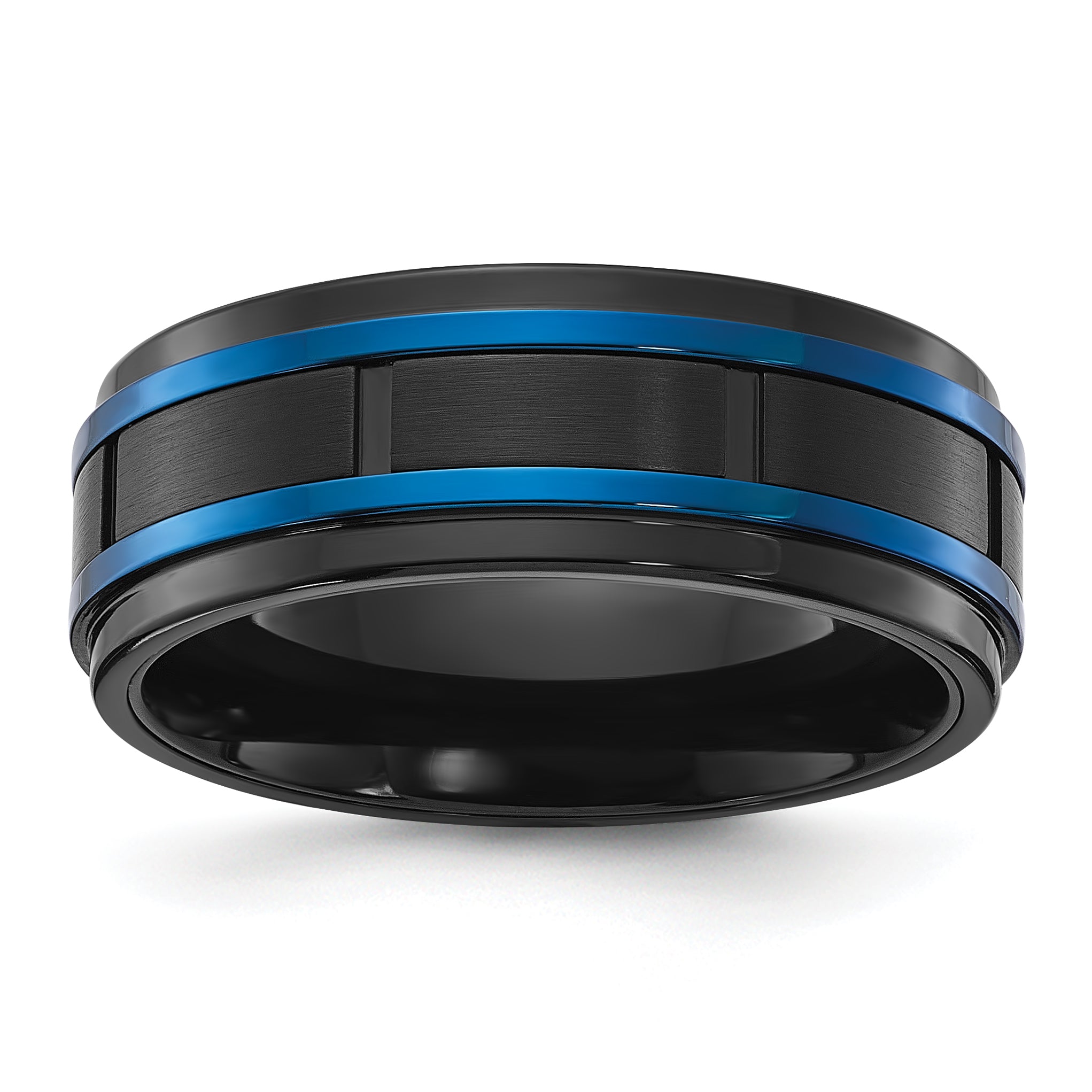 Stainless Steel Polished with Brushed Center Black and Blue IP-plated 8mm Band