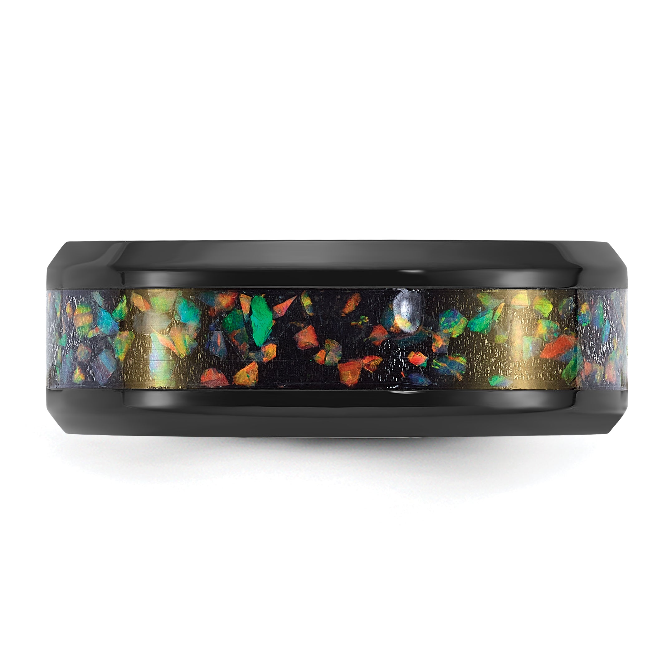 Stainless Steel Polished Black IP-plated Multi-color Opal Inlay 8mm Band