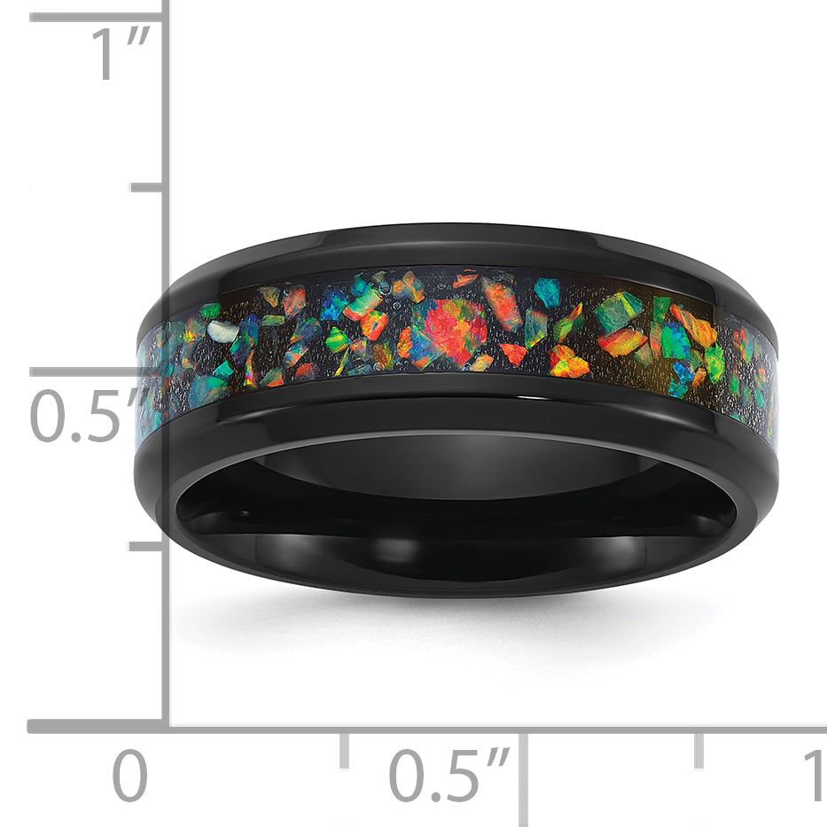 Stainless Steel Polished Black IP-plated Multi-color Opal Inlay 8mm Band