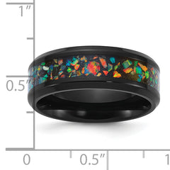 Stainless Steel Polished Black IP-plated Multi-color Opal Inlay 8mm Band