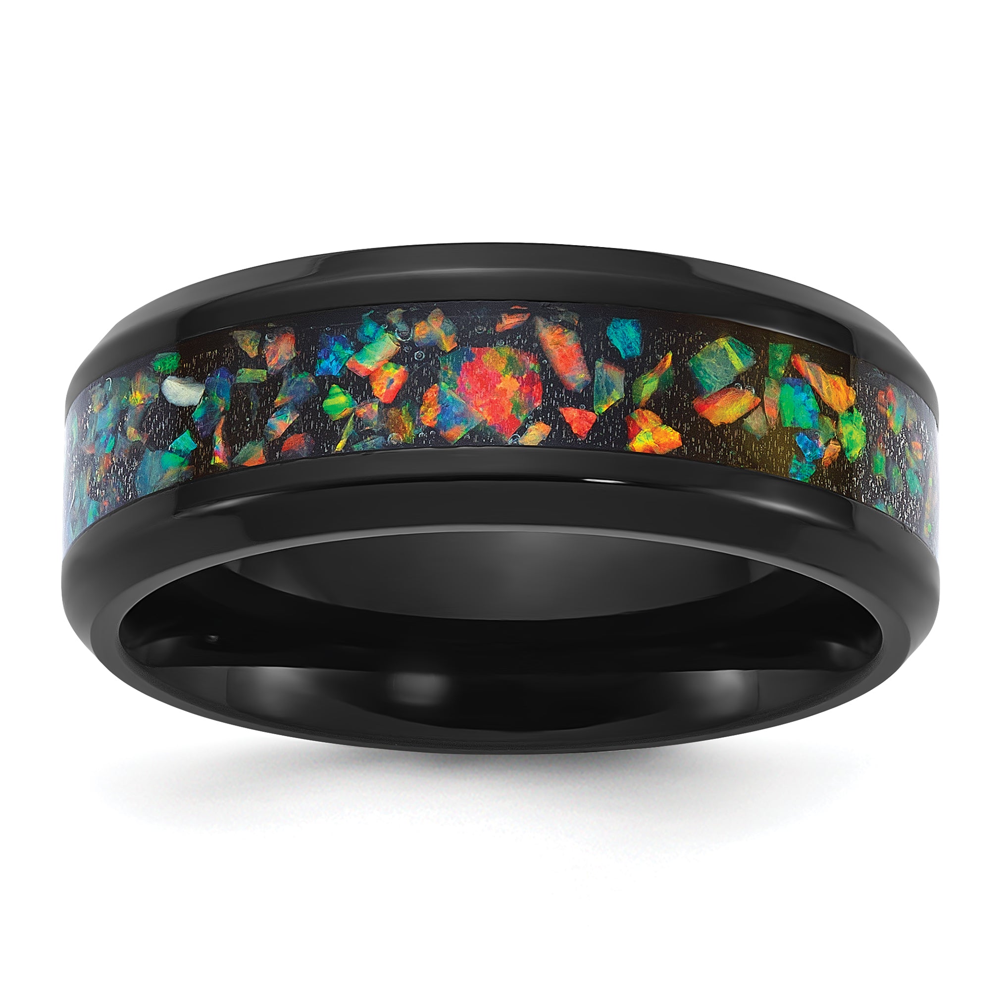 Stainless Steel Polished Black IP-plated Multi-color Opal Inlay 8mm Band