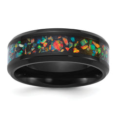 Stainless Steel Polished Black IP-plated Multi-color Opal Inlay 8mm Band