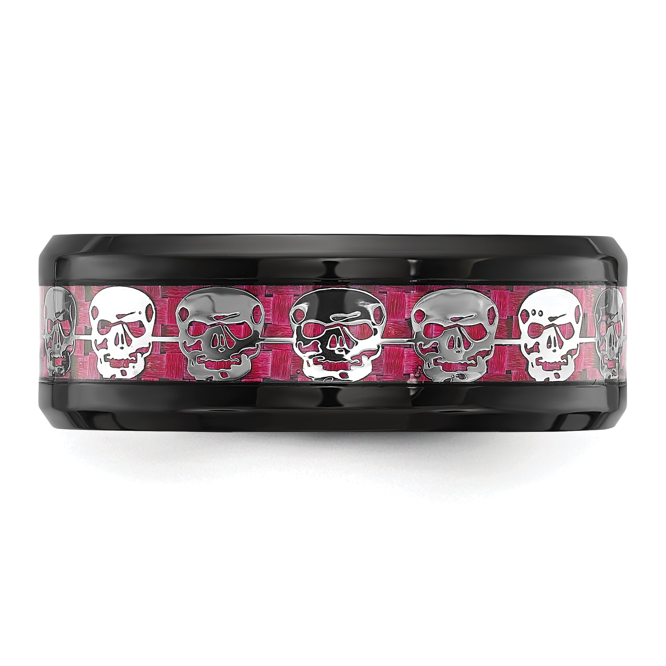 Stainless Steel Polished Black IP-plated Skulls with Pink Carbon Fiber Inlay 8mm Band