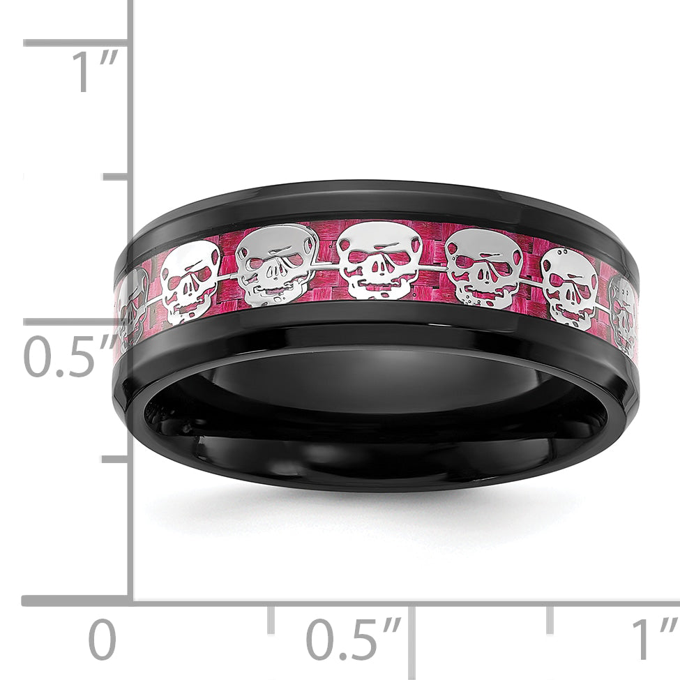 Stainless Steel Polished Black IP-plated Skulls with Pink Carbon Fiber Inlay 8mm Band