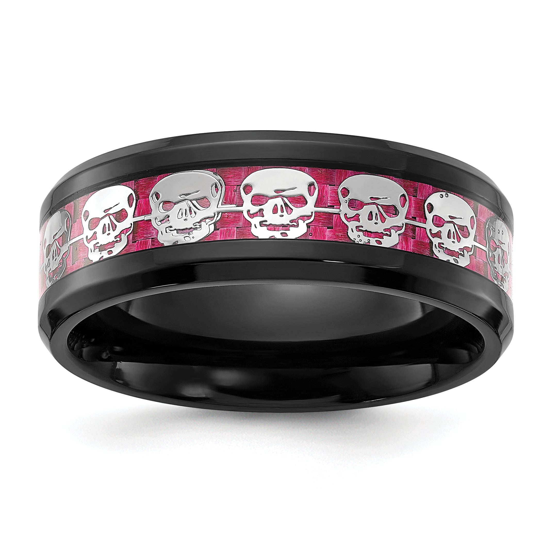 Stainless Steel Polished  Black IP-plated Skulls with Pink Carbon Fiber Inlay 8mm Band