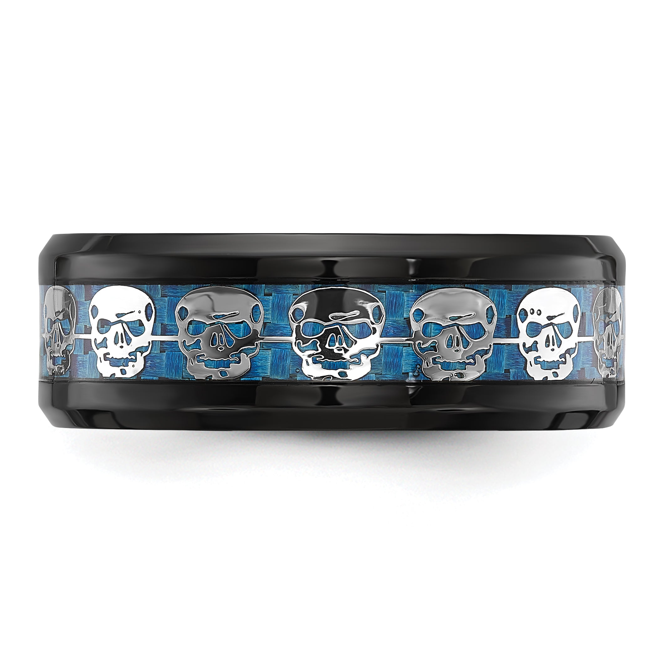 Stainless Steel Polished Black IP-plated Skulls with Blue Carbon Fiber Inlay 8mm Band