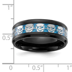 Stainless Steel Polished Black IP-plated Skulls with Blue Carbon Fiber Inlay 8mm Band