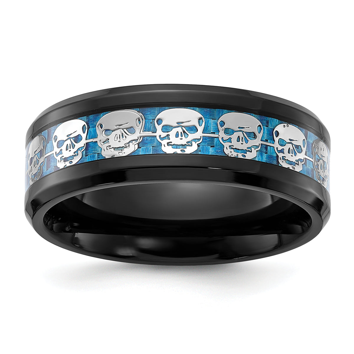 Stainless Steel Polished Black IP-plated Skulls with Blue Carbon Fiber Inlay 8mm Band