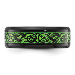 Stainless Steel Polished Black IP-plated Dragon Design with Green Glow in the Dark Enamel 8mm Band