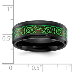 Stainless Steel Polished Black IP-plated Dragon Design with Green Glow in the Dark Enamel 8mm Band