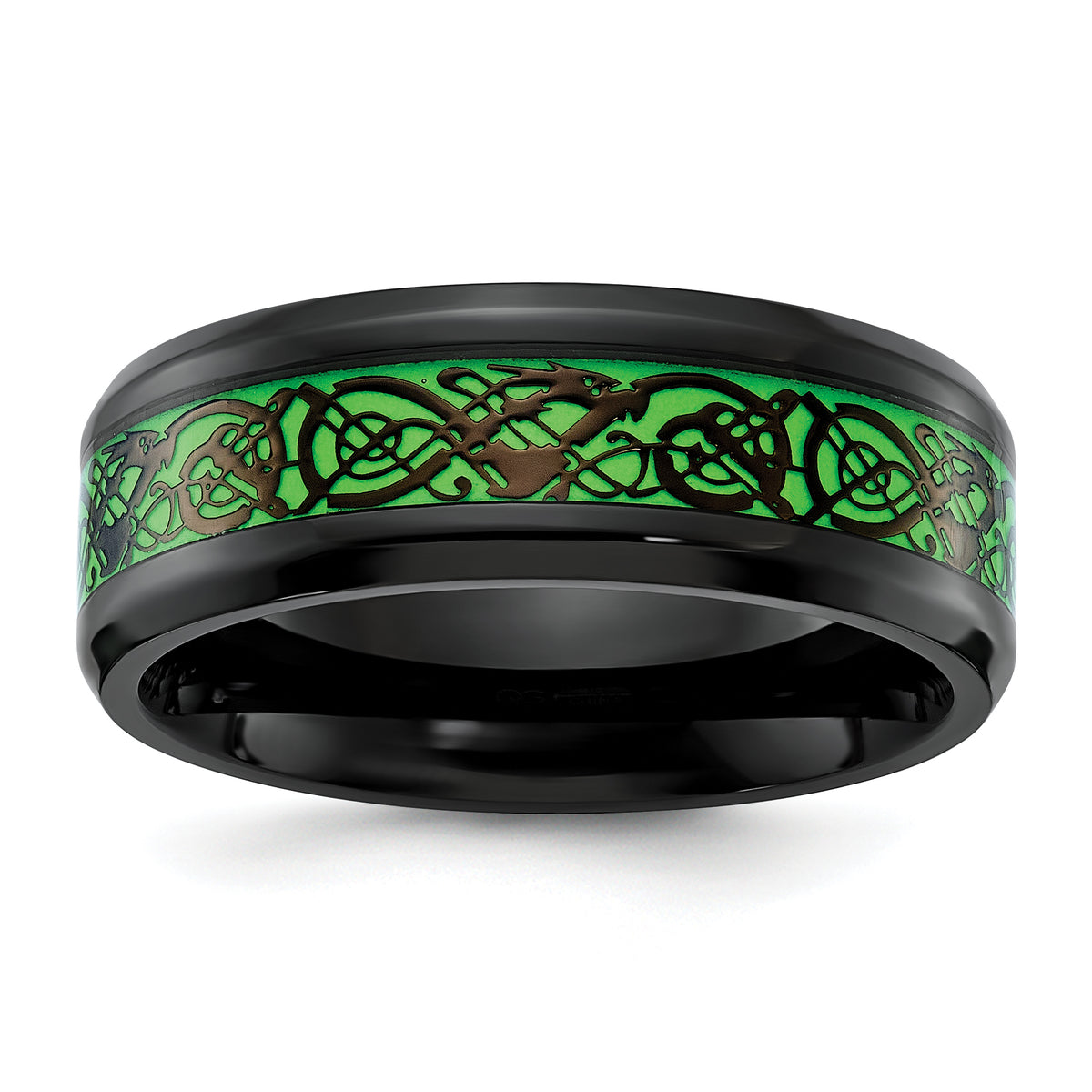 Stainless Steel Polished Black IP-plated Dragon Design with Green Glow in the Dark Enamel 8mm Band