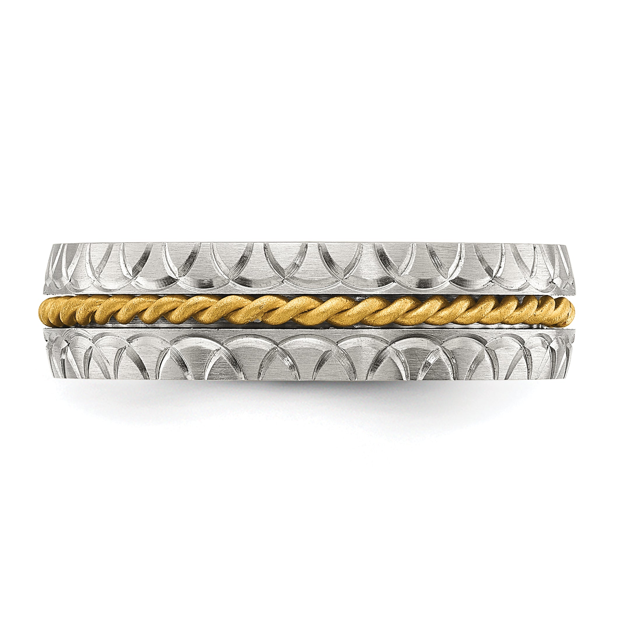 Stainless Steel Brushed, Polished and Textured Yellow IP-plated Center 6mm Band