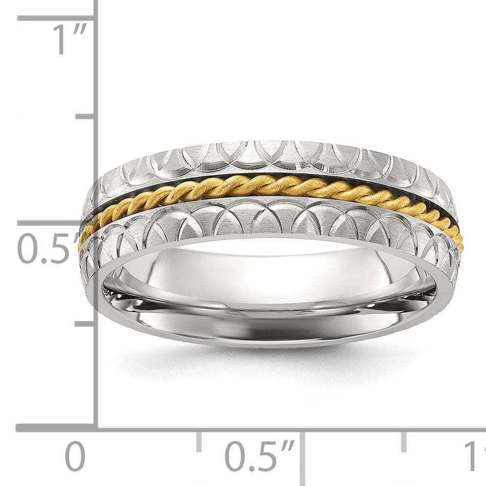 Stainless Steel Brushed, Polished and Textured Yellow IP-plated Center 6mm Band