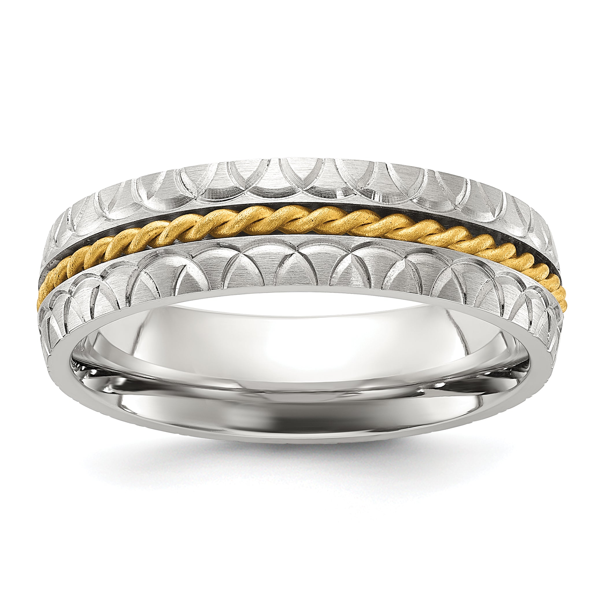 Stainless Steel Brushed, Polished and Textured Yellow IP-plated Center 6mm Band