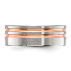 Stainless Steel Brushed Rose IP-plated Stripes 8mm Band