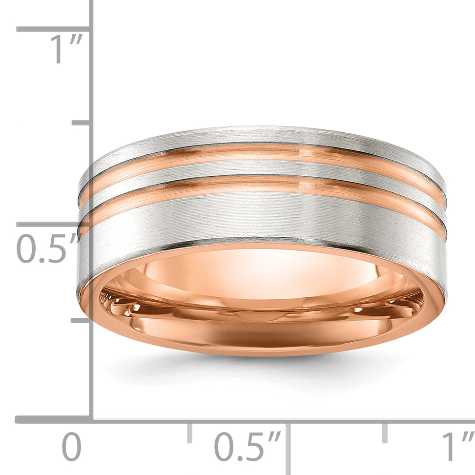 Stainless Steel Brushed Rose IP-plated Stripes 8mm Band