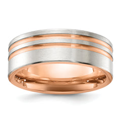 Stainless Steel Brushed Rose IP-plated Stripes 8mm Band