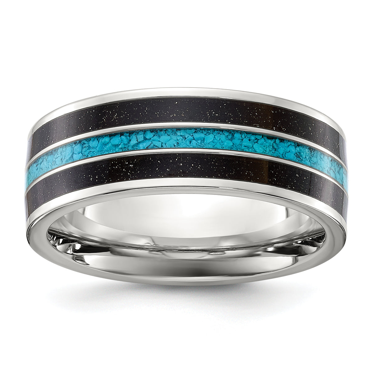 Stainless Steel Polished with Turquoise and Black Star Sandstone Inlay 8mm Band