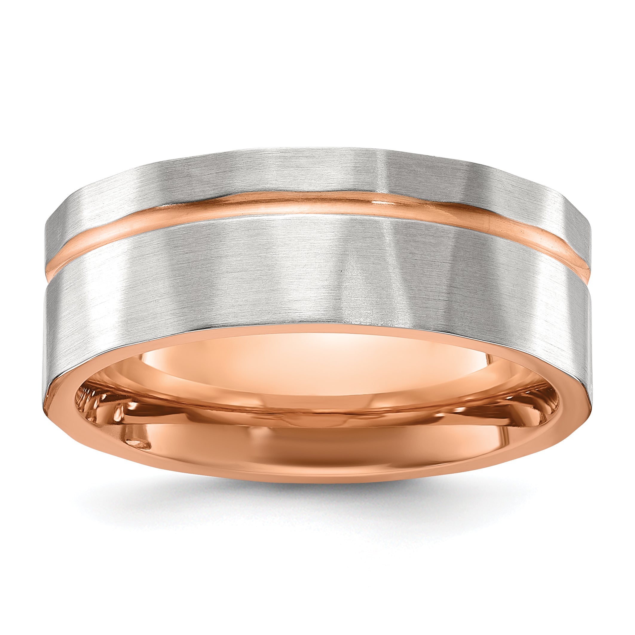 Stainless Steel Brushed and Polished Faceted Rose IP-plated 8mm Band