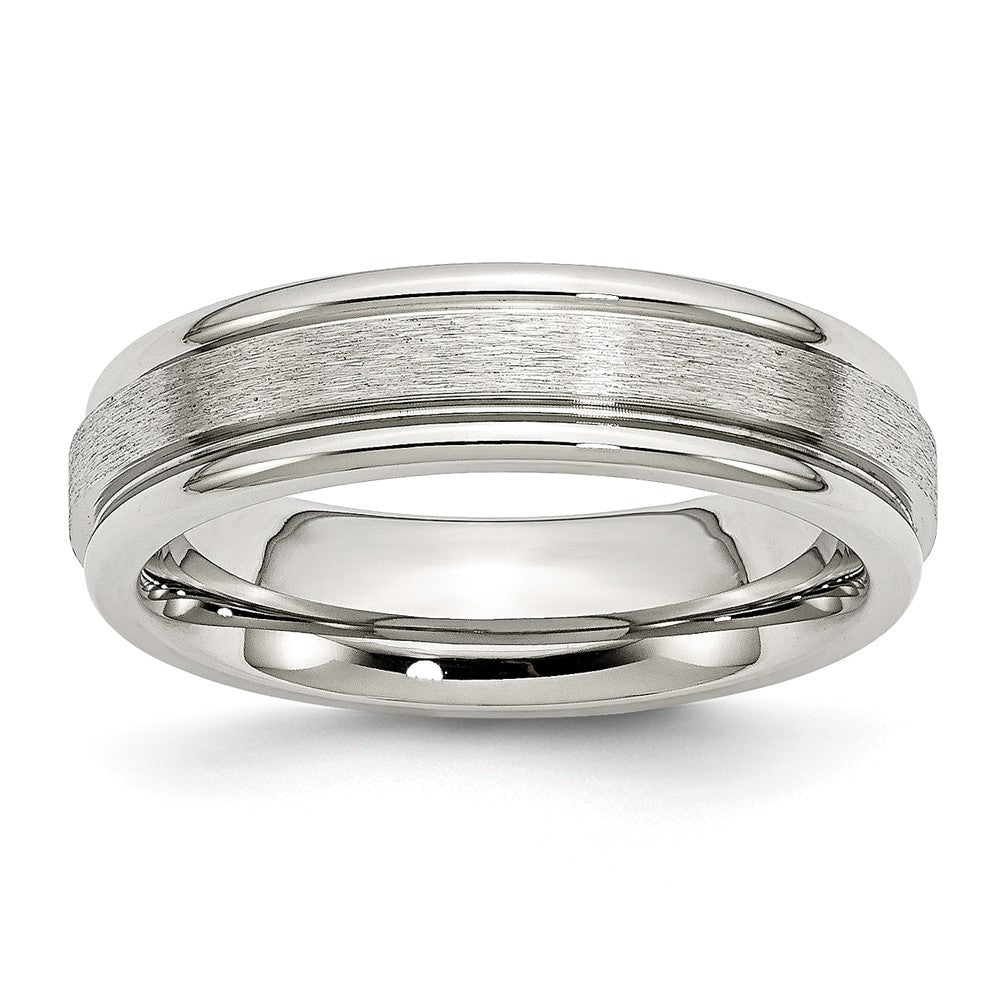 Stainless Steel Wedding Band with Grooved Edge Satin Finish