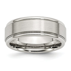 Stainless Steel Polished with Brushed Center 8mm Ridged Edge Band