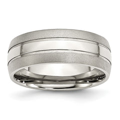 Stainless Steel Wedding Ring with Brushed and Polished Grooves, Engravable