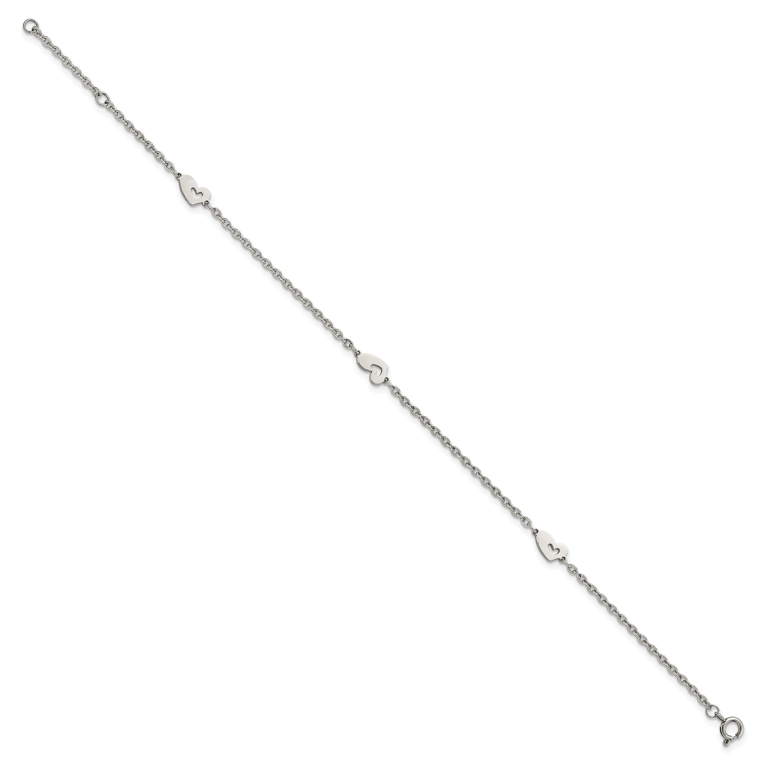 Chisel Stainless Steel Polished Hearts 9 inch Anklet Plus 1 inch Extension