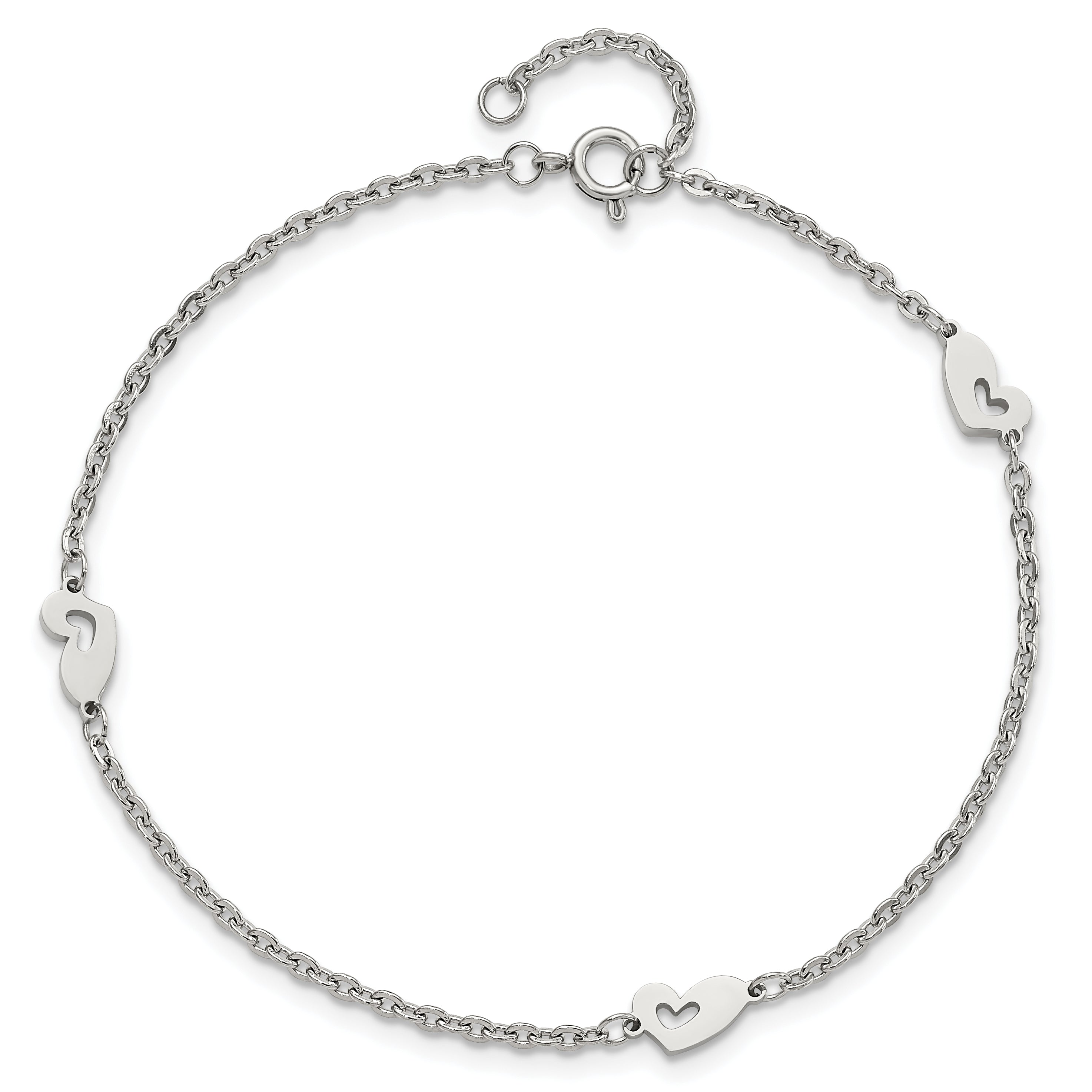 Chisel Stainless Steel Polished Hearts 9 inch Anklet Plus 1 inch Extension