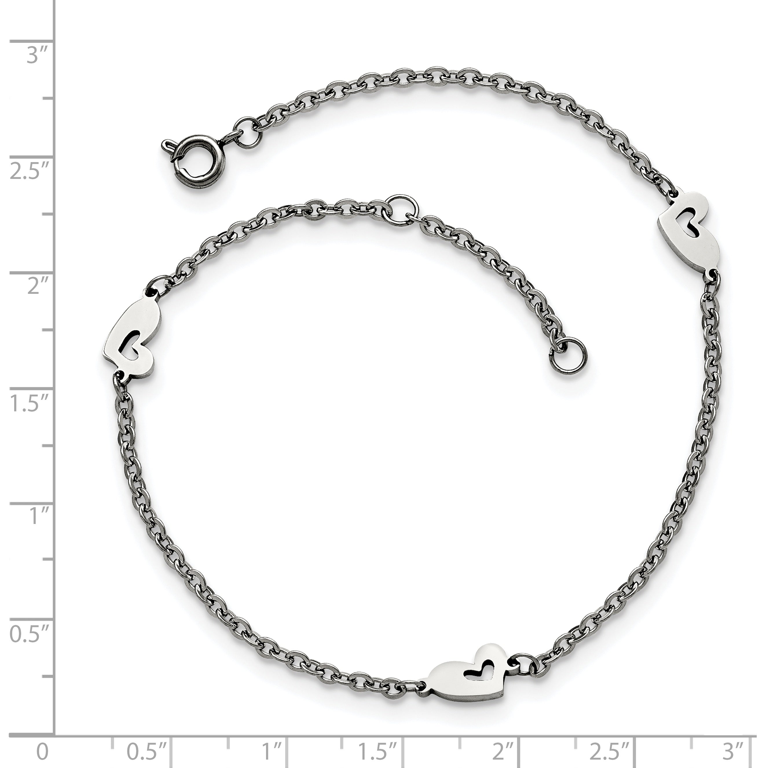 Chisel Stainless Steel Polished Hearts 9 inch Anklet Plus 1 inch Extension