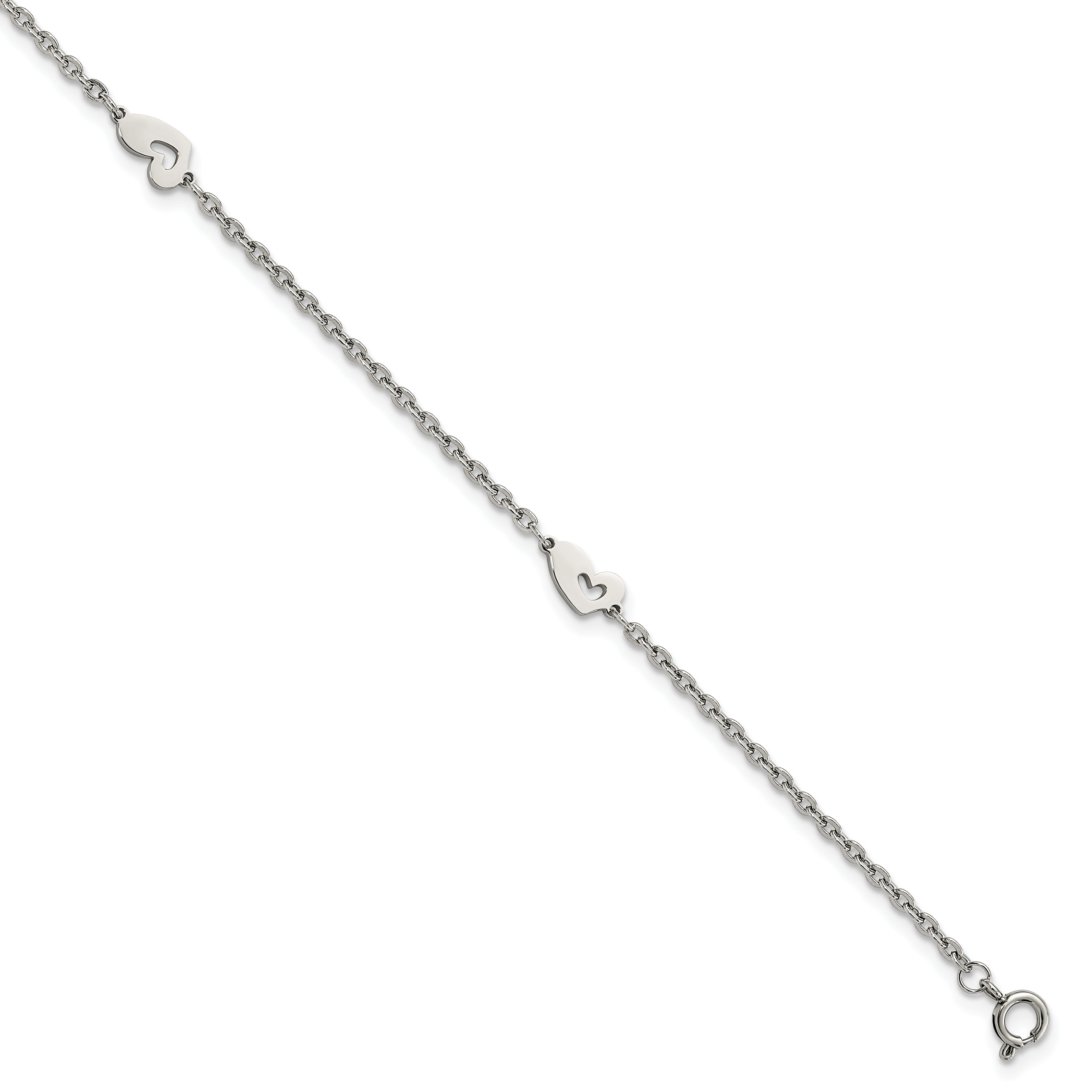 Chisel Stainless Steel Polished Hearts 9 inch Anklet Plus 1 inch Extension