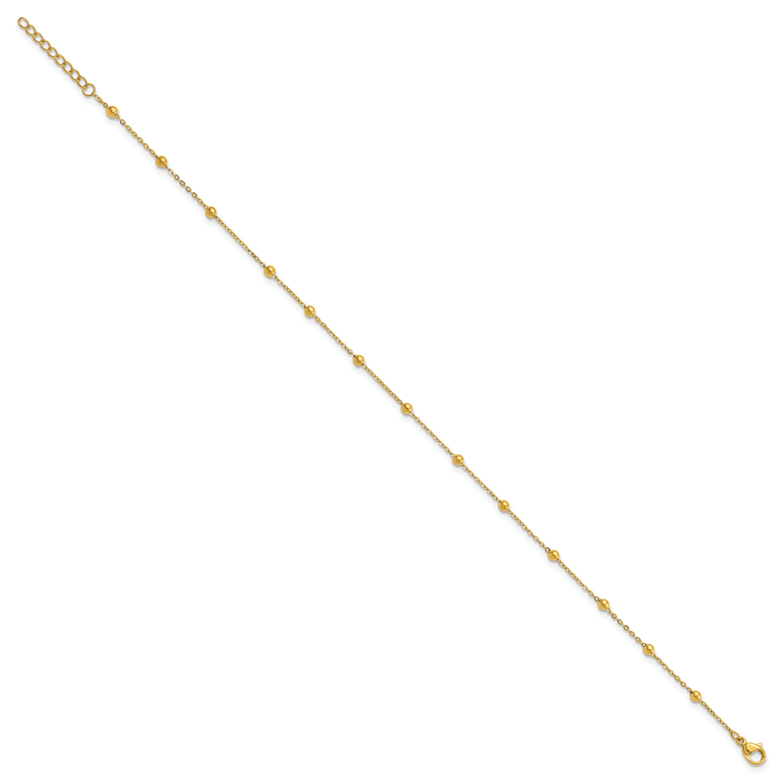 Chisel Stainless Steel Polished Yellow IP-plated Beaded 9.5 inch Anklet Plus 1 inch Extension