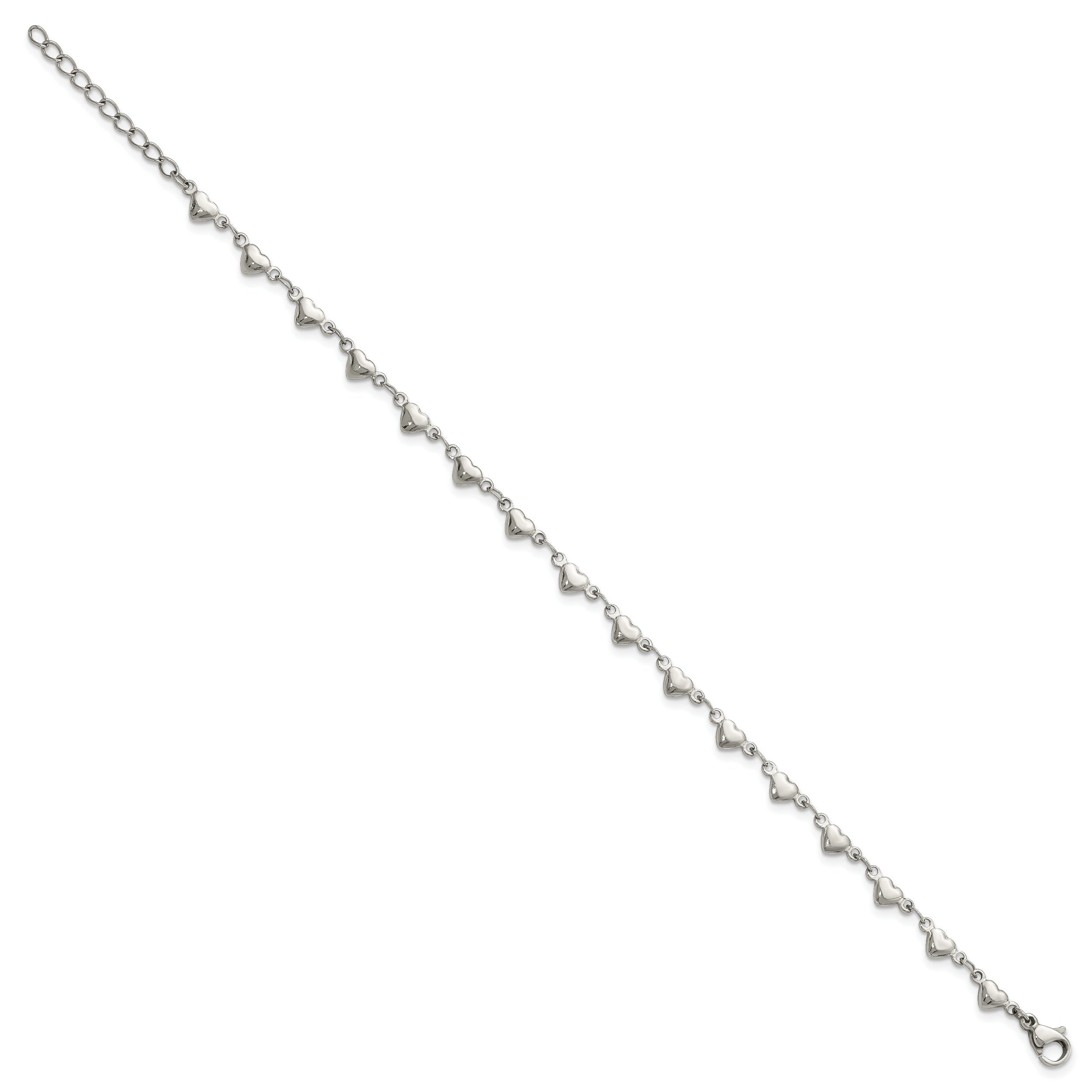 Chisel Stainless Steel Polished Hearts 9 inch Anklet Plus 1 inch Extension