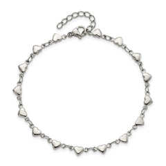 Chisel Stainless Steel Polished Hearts 9 inch Anklet Plus 1 inch Extension