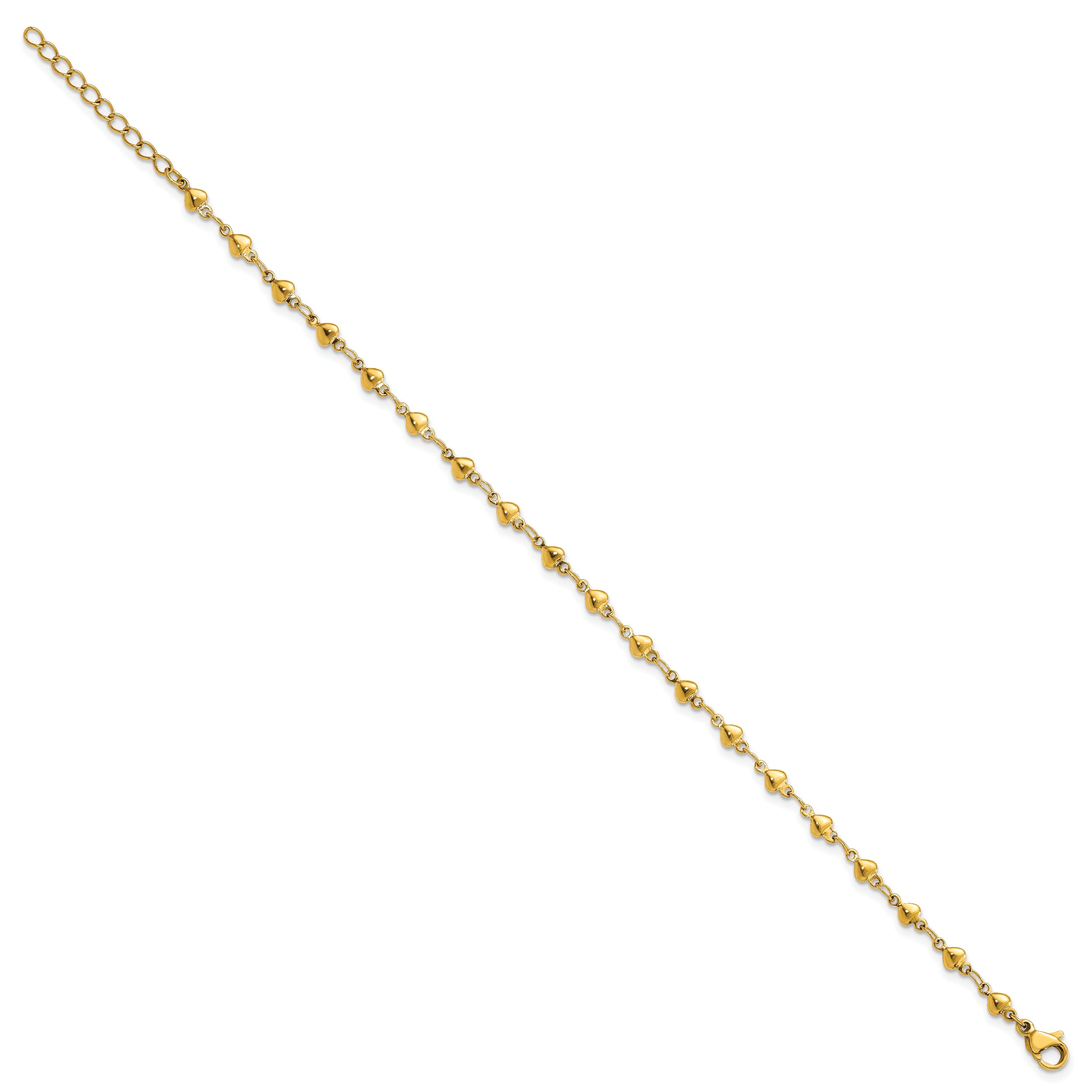 Chisel Stainless Steel Polished Yellow IP-plated Hearts 9 inch Anklet Plus 1 inch Extension