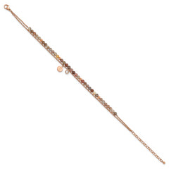 Chisel Stainless Steel Polished Rose IP-plated with Crystal and Imitation Sardonyx Cross 9 inch Anklet Plus 2 inch Extension