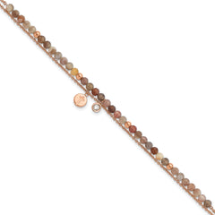 Chisel Stainless Steel Polished Rose IP-plated with Crystal and Imitation Sardonyx Cross 9 inch Anklet Plus 2 inch Extension