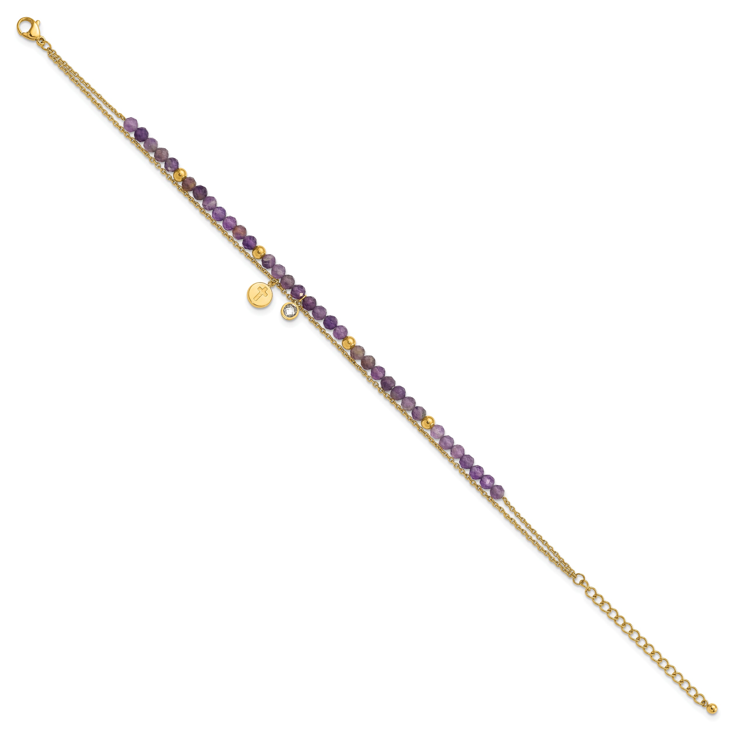 Chisel Stainless Steel Polished Yellow IP-plated Amethyst and Crystal Cross 9 inch Anklet Plus 2 inch Extension