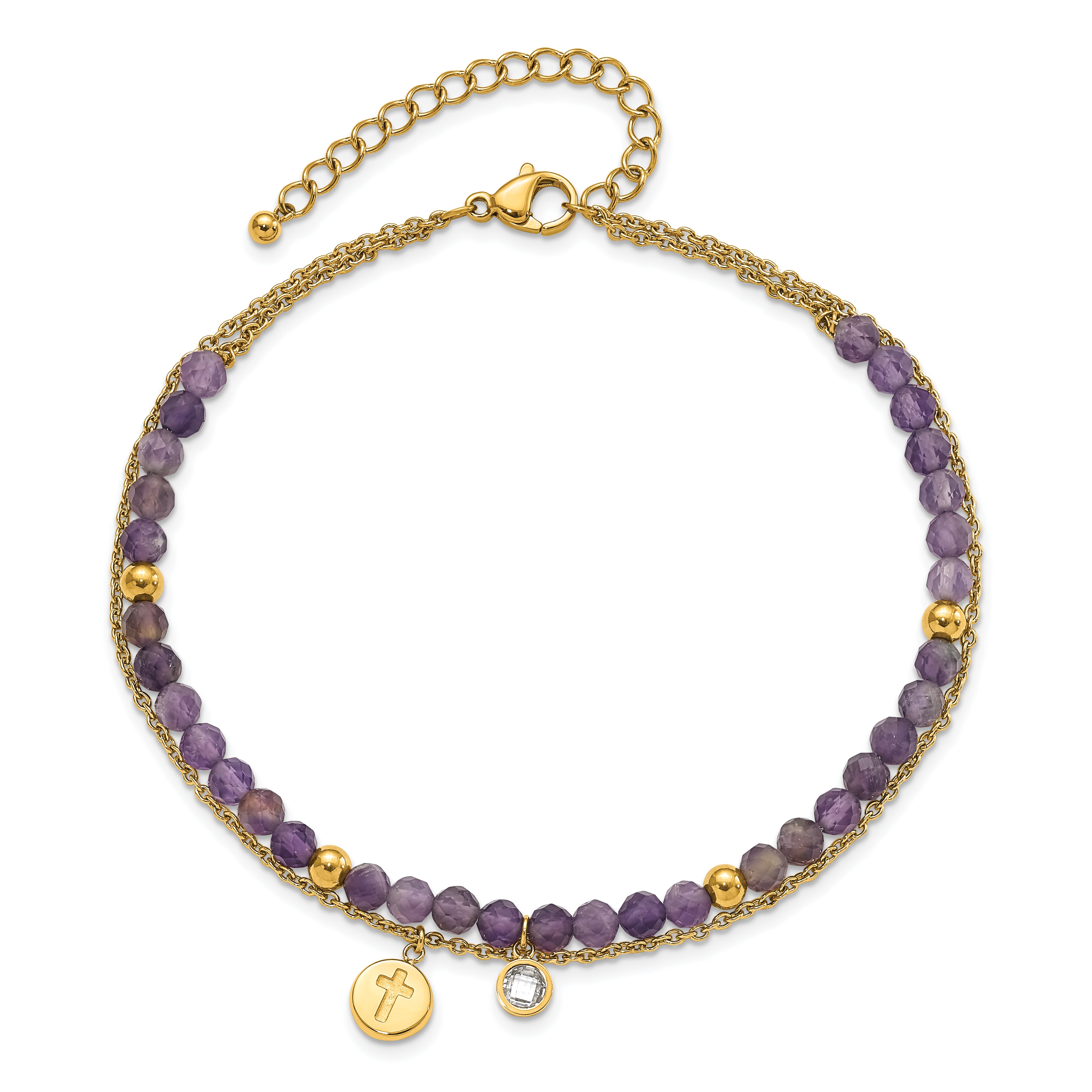 Chisel Stainless Steel Polished Yellow IP-plated Amethyst and Crystal Cross 9 inch Anklet Plus 2 inch Extension