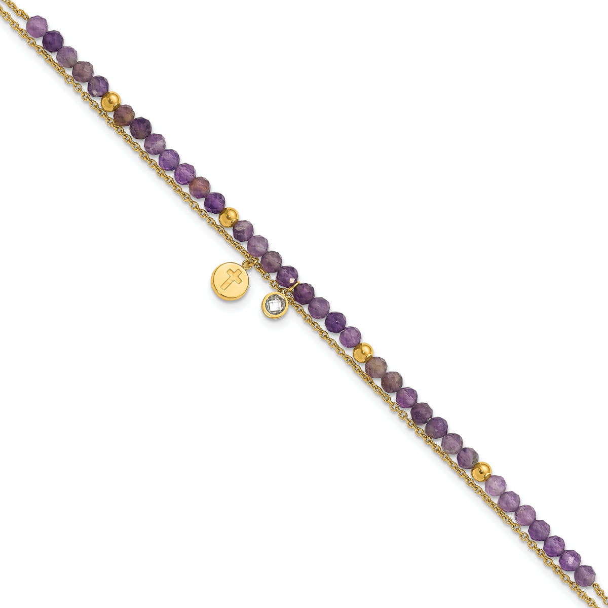 Chisel Stainless Steel Polished Yellow IP-plated Amethyst and Crystal Cross 9 inch Anklet Plus 2 inch Extension