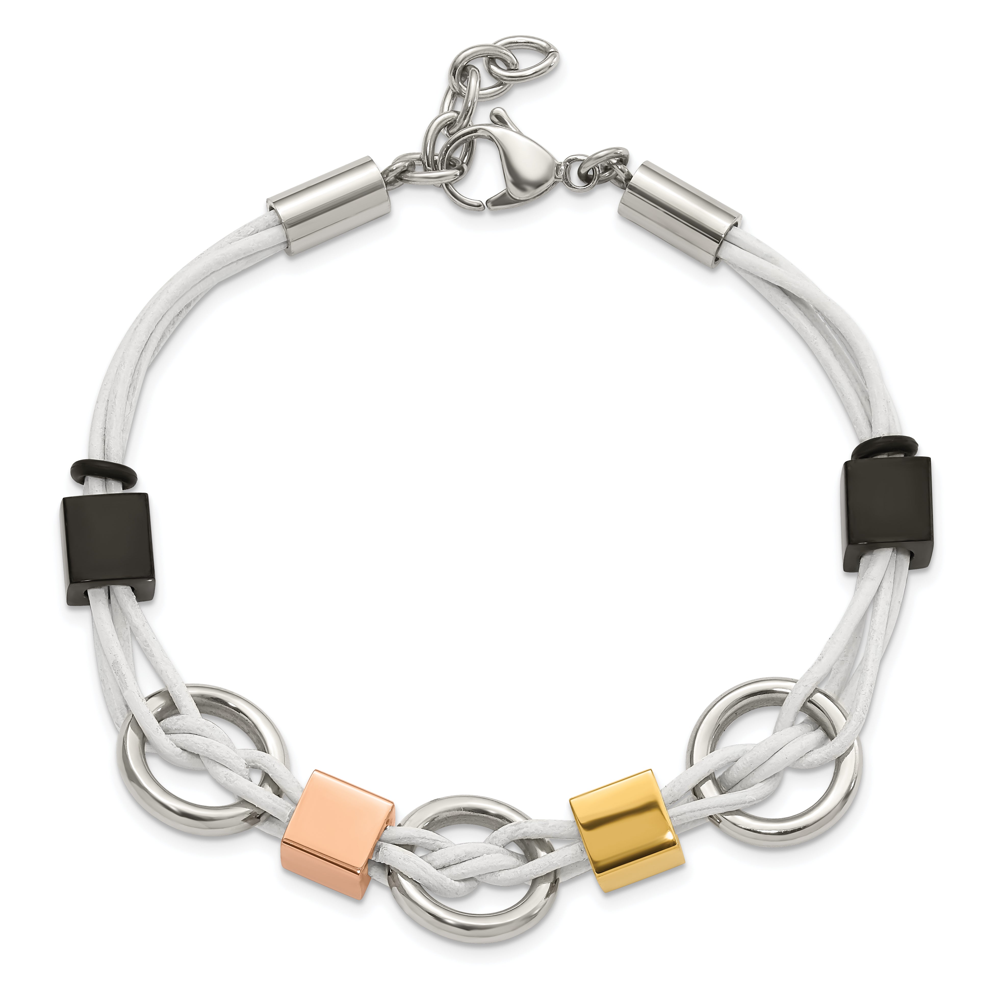 Stainless Steel Multi IP-Plated Beads & White Leather w/.75in ext Bracelet