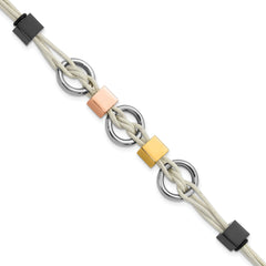 Stainless Steel Multi IP-Plated Beads & White Leather w/.75in ext Bracelet