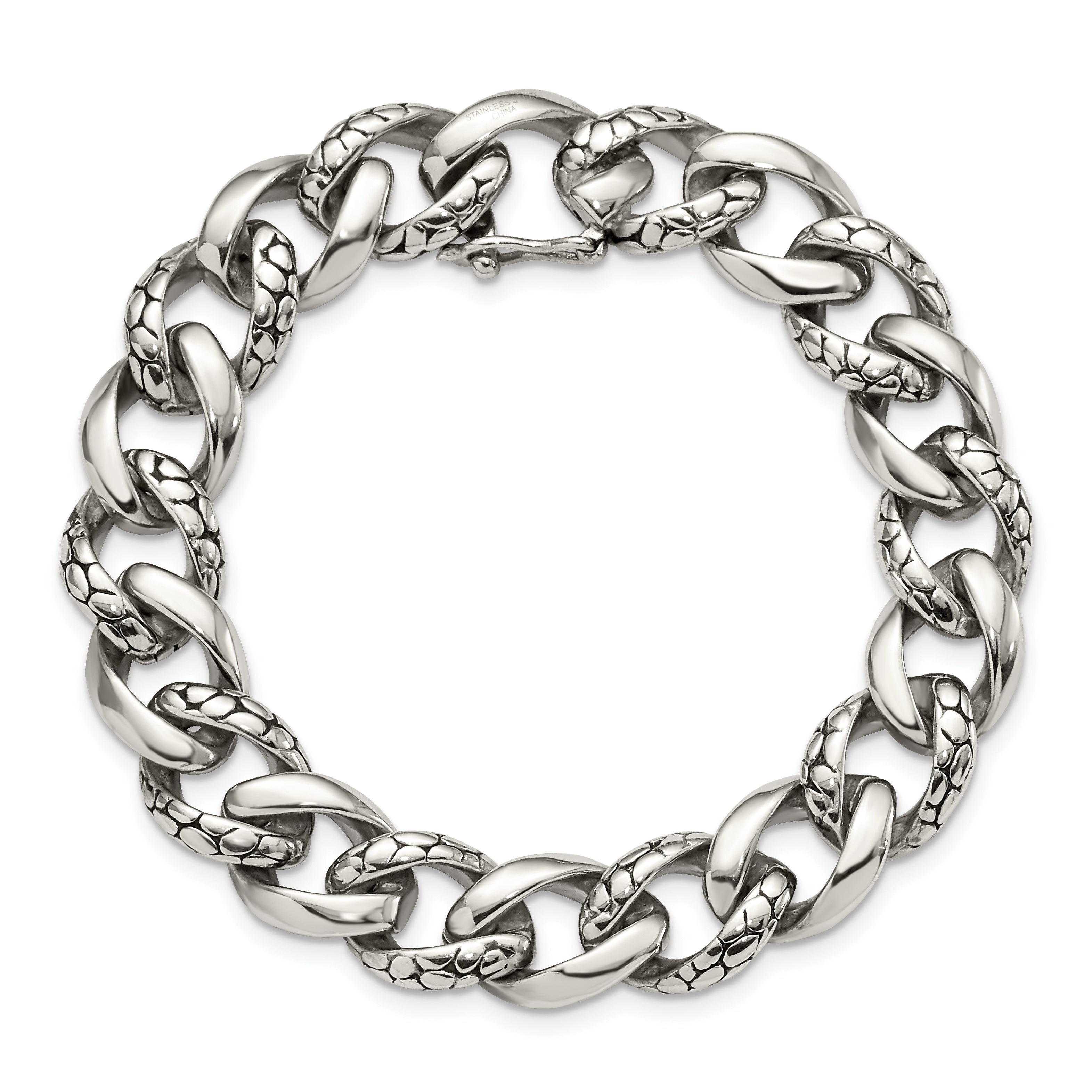 Chisel Stainless Steel Antiqued Polished and Reptile Scale Textured 8.5 inch Link Bracelet