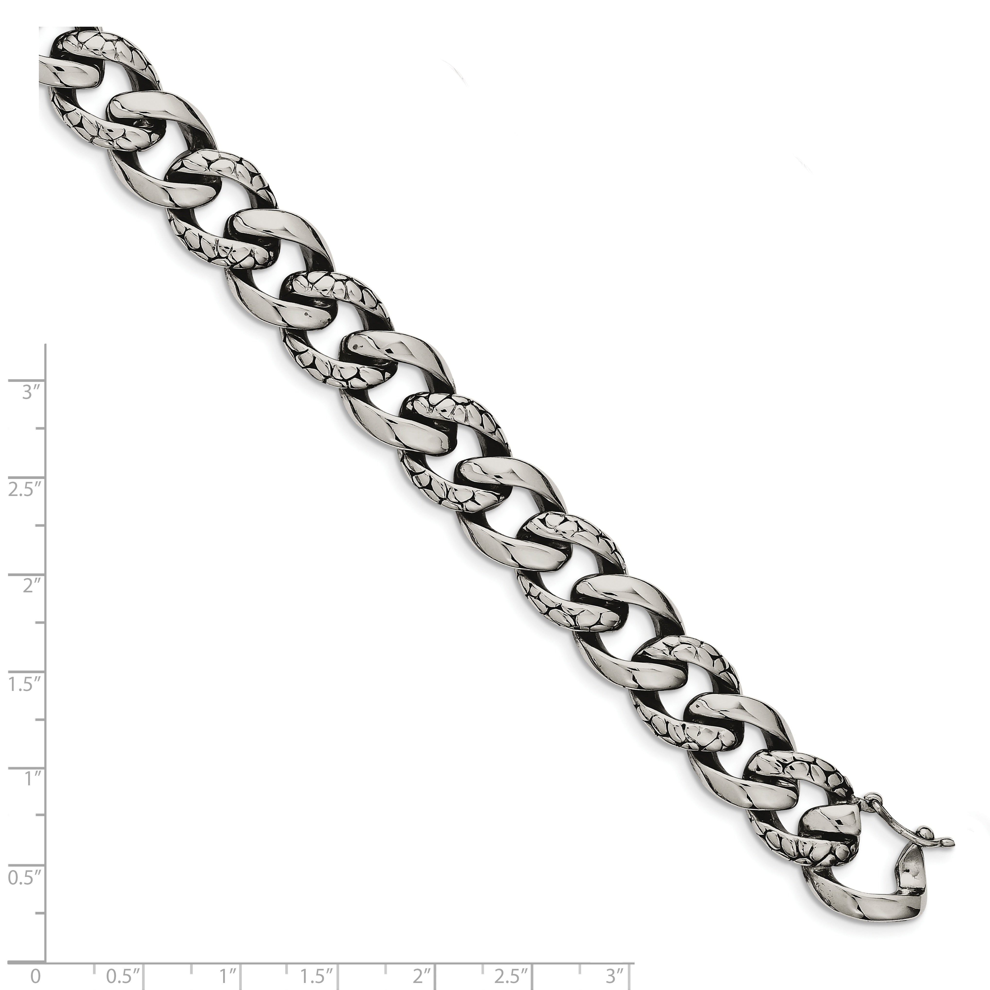 Chisel Stainless Steel Antiqued Polished and Reptile Scale Textured 8.5 inch Link Bracelet