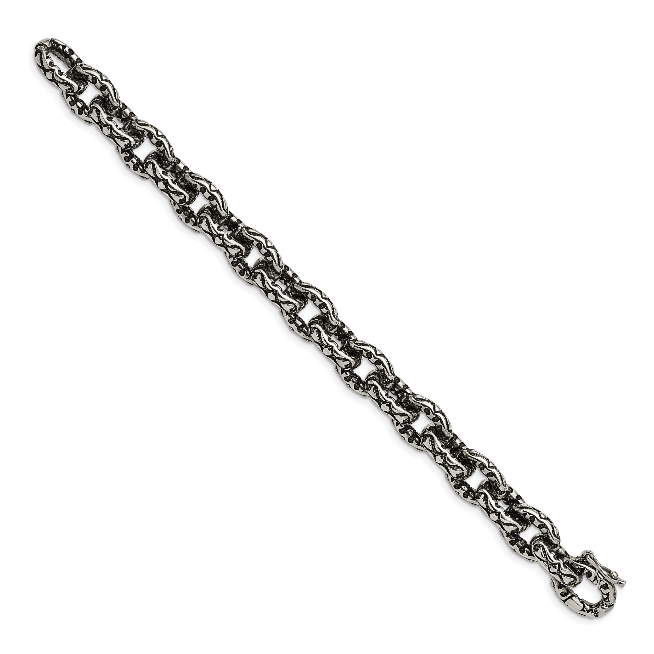 Chisel Stainless Steel Antiqued Polished and Textured 8.25 inch Fancy Link Bracelet