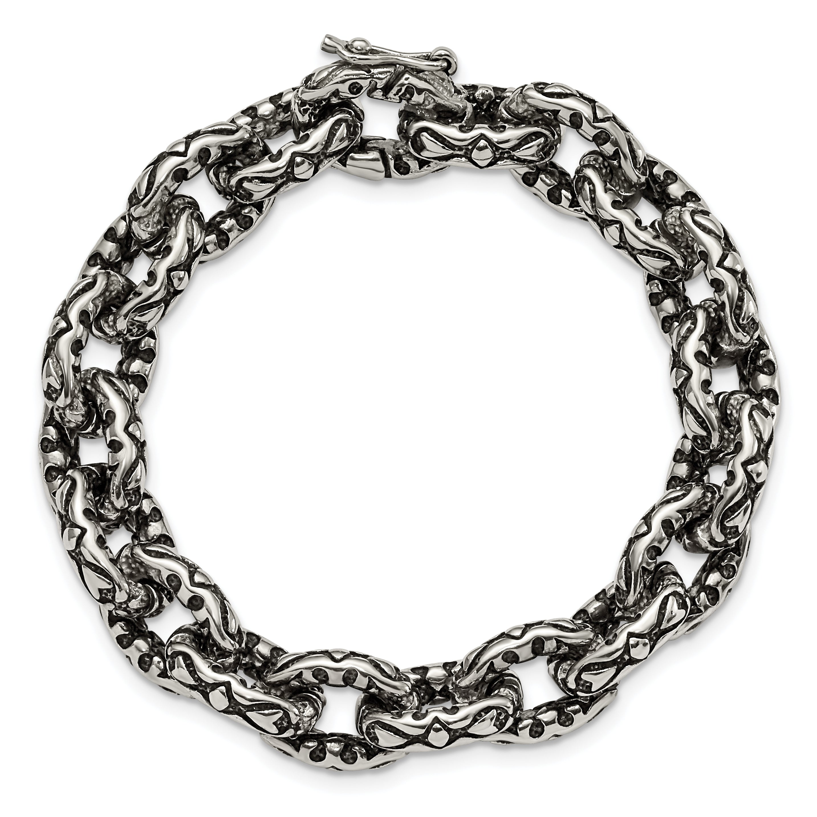 Chisel Stainless Steel Antiqued Polished and Textured 8.25 inch Fancy Link Bracelet