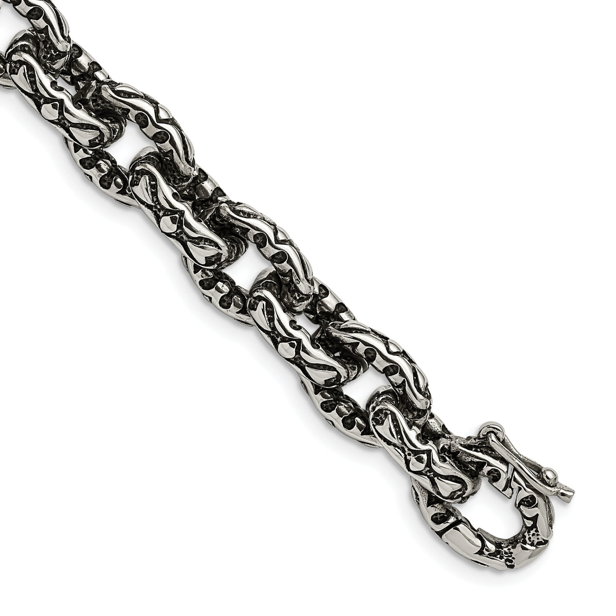 Chisel Stainless Steel Antiqued Polished and Textured 8.25 inch Fancy Link Bracelet